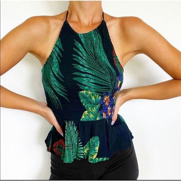 Patrons of Peace Smocked Halter Peplum Tropical Tank | M - Picture 1 of 7